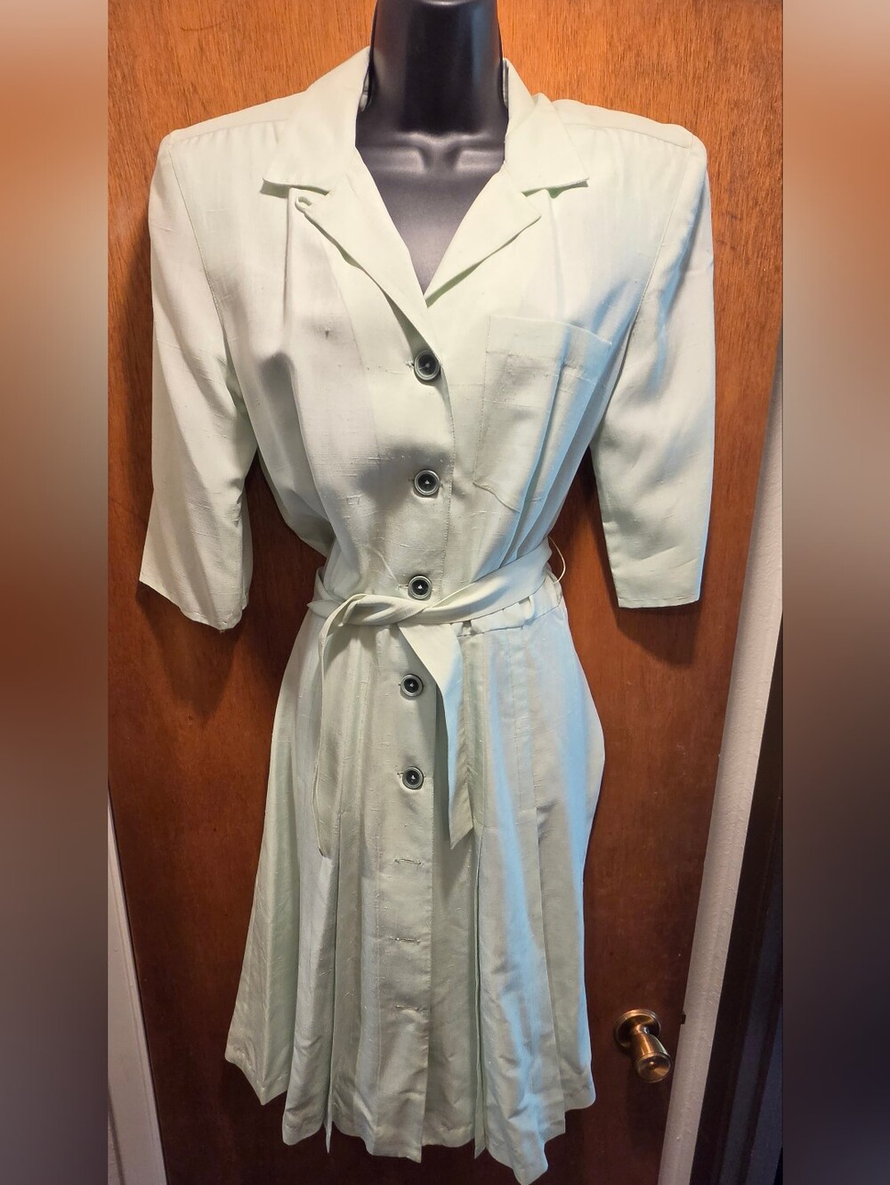 Button-Front Mint Vintage Handmade Silk/linen Midi Dress w/Self-Tie Waist Sz8/M - Picture 3 of 6